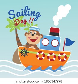 Funny monkey sailor cartoon vector on little boat with cartoon style. Creative vector childish background for fabric, textile, nursery wallpaper, poster, card, brochure. and other decoration.