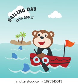 Funny monkey sailor cartoon vector on little boat with cartoon style. Creative vector childish background for fabric, textile, nursery wallpaper, poster, card, brochure. and other decoration.