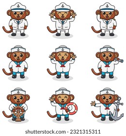 Funny Monkey sailors set. Cute Monkey characters in captain cap cartoon vector illustration.