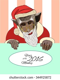 Funny monkey Santa Claus. Christmas banner