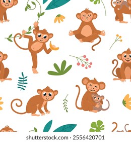 Funny monkey seamless pattern. Cute monkeys various poses characters. Exotic animals children fabric print, wrapping or wallpaper classy vector texture design