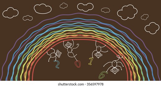 Funny monkey silhouette and rainbow vector background/Monkey and rainbow/Funny monkey silhouette and rainbow background