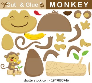 Funny monkey sitting on tree trunk with banana. Education paper game for children. Cutout and gluing. Vector cartoon illustration