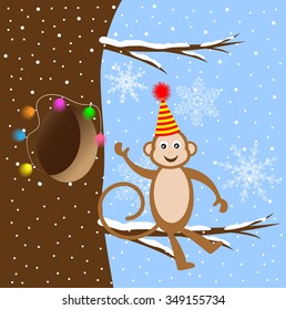Funny monkey sitting on a tree branch, vector illustration