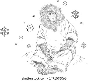 funny monkey sitting in the snow surrounded by snowflakes