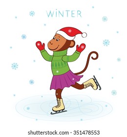 Funny monkey skate in skirt and hat vector cartoon isolated on a white background falling snowflakes. Christmas card, inscription - Winter. Symbol of New Year
