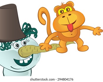 Funny monkey and a snowman on a white background. New Year's and Christmas cards. Vector illustration.