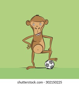 Funny monkey soccer player cartoon character standing with foot on the ball