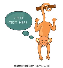 Funny Monkey With Speech Bubble. Cartoon and vector isolated character. Illustration card with hand drawn monkey and bubble speech. You can put your own text on speech bubble or sign board. 