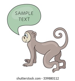 Funny Monkey With Speech Bubble. Cartoon and vector isolated character. Illustration card with hand drawn monkey and bubble speech. You can put your own text on speech bubble or sign board. 