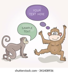 Funny Monkey With Speech Bubble. Cartoon and vector isolated character. Illustration card with hand drawn monkeys and speech bubbles. You can put your own text on speech bubble or sign board.