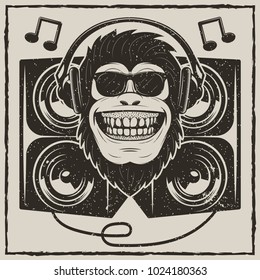 Funny monkey in sunglasses listening to music vector sketch grunge illustration. Cool music monkey with headphones vintage fashionable t-shirt printing design.