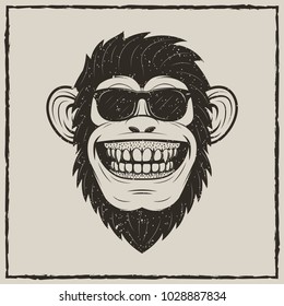 Funny monkey in sunglasses vector sketch grunge illustration. Vintage fashionable t-shirt printing design.