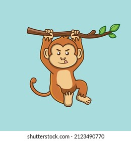 Funny monkey swinging on branch tree icon cartoon vector illustration