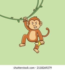Funny monkey swinging on plant tree with holding banana cartoon vector isolated