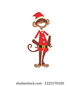 Funny monkey symbol of New Year, cute animal of Chinese horoscope in Santa Claus costume vector Illustration on a white background