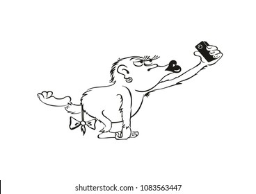 The funny monkey takes pictures of himself. Selfie is in fashion. Vector illustration on white background.