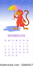 Funny monkey with an umbrella in the rain calendar 2016