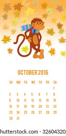 Funny monkey under the maple leaves calendar 2016