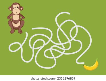 
Funny Monkey Vector Cartoon Educational Maze Game Activity. Cheerful animal finding something to eat by choosing the right path 
