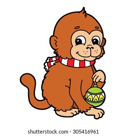 funny monkey. Vector illustration of happy cartoon monkey with scarf and holiday ball