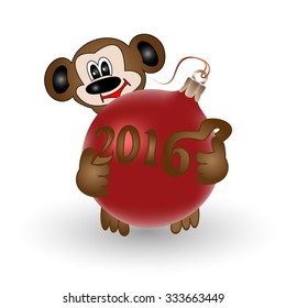 funny monkey. Vector illustration of a happy monkey with a Christmas ball