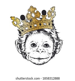 Funny monkey wearing a crown. Animals, clothing and accessories. Vector illustration.