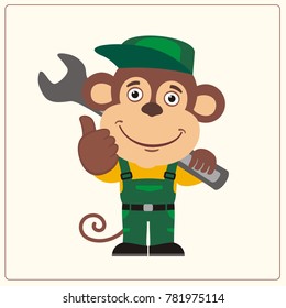 Funny monkey in wearing overalls with the large wrench on her shoulder. 