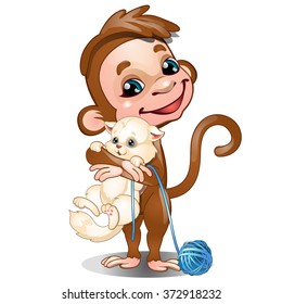 Funny monkey and white kitty isolated on white background. Vector cartoon close-up illustration.