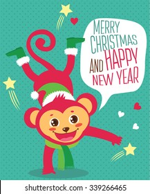 Funny monkey wished a happy new year.Christmas characters. Cartoon vector card. 