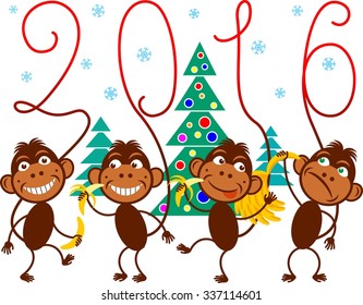 Funny monkeys with bananas dancing on a background of fir trees and falling snowflakes. The Year of  Monkey. Chinese zodiac. New year symbol 2016