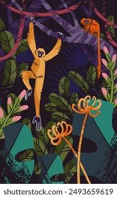 Divertidos monos trepan con palmeras en cartel de la selva. Gibón salvaje colgando de una planta exótica en la selva tropical. El tití dorado se encuentra en una rama en el bosque tropical. Animales del Amazonas. Ilustración vectorial plana