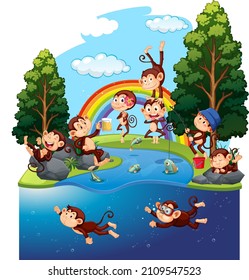 Monos divertidos en la ilustración del bosque
