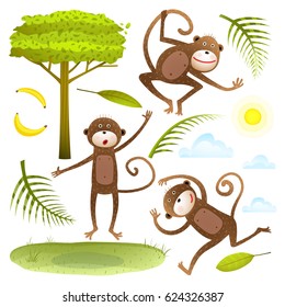 Funny Monkeys friends with tree leaves sun clouds lawn clip art collection. Wildlife animal cartoon set watercolor style illustration nature landscape items. Vector design.