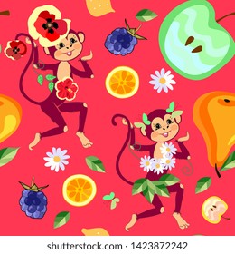 Funny monkeys with fruits and flowers. Bright seamless pattern for children. Print with tropical motifs.