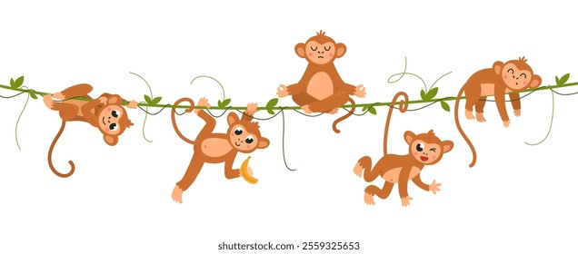 Funny monkeys hang on green vine. Monkey funny cartoon characters, tropical wild animals with banana. Cute children mascots, classy vector banner