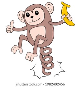 funny monkeys are happily jumping with bananas to eat, vector illustration art. doodle icon image kawaii.