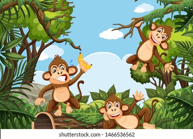 Funny monkeys in jungle scene illustration