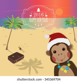 funny Monkeys on tropical island. New Year and Christmas greeting card. Chinese Zodiac 2016. Cute Animal. Cartoon Character. Vector.