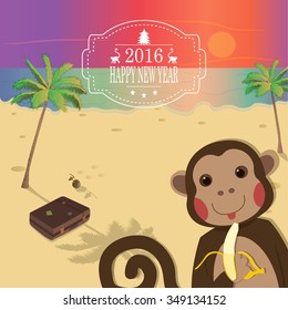 funny Monkeys on tropical island. New Year and Christmas greeting card. Chinese Zodiac 2016. Cute Animal. Cartoon Character. Vector.
