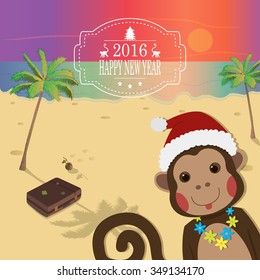 funny Monkeys on tropical island. New Year and Christmas greeting card. Chinese Zodiac 2016. Cute Animal. Cartoon Character. Vector.