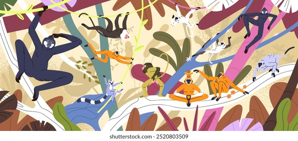 Funny monkeys play in jungle. Different exotic primates have fun, hanging on lianas in rainforest. Lemurs, macaques, marmosets sit on tropical palm trees. Happy wildlife. Flat vector illustration