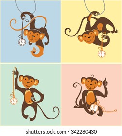 Funny monkeys playing with a clock. Four cards.