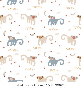 Funny monkeys seamless pattern. Cute apes childish print design vector. Wild animals tropic jungle theme background.