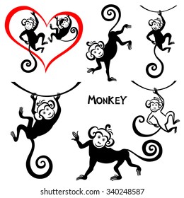 Funny monkeys set isolate on white background. Vector Illustration