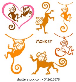 Funny monkeys set isolate on white background. Vector Illustration