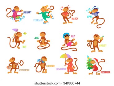 Funny monkeys set isolated on white background