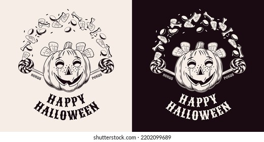 Funny monochrome emblem with text, candy, pumpkin head like mischievous little girl face with freckles. Kid tosses up candy with bones. Text Happy Halloween. Good for branding, t-shirt design.