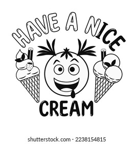 Graciosa etiqueta monocroma con helados, loco emoji boy, texto Have a Ice Cream. Sencillo estilo minimalista, fondo blanco. Para impresiones, ropa, camisetas, diseño de superficie