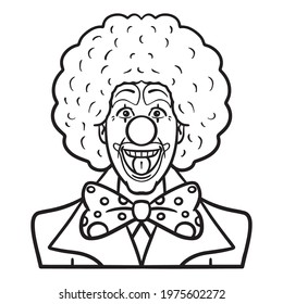funny monochrome laughing clown with a big bow for coloring. avatar, vector.